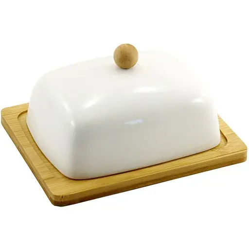 Масленка фарфоровая Interos с бамбуковой подставкой 16 см белая (PJ03430)
