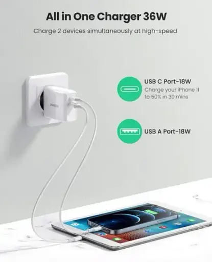 Адаптер питания для телефона Ugreen CD170 White USB+USB Type-C Wall Charger 36W 3A - фото 4