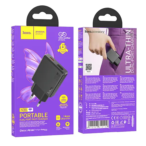 Мережевий зарядний пристрій Hoco N38 Delgado dual port PD20W+QC3.0 charger(EU) Чорний - фото 2