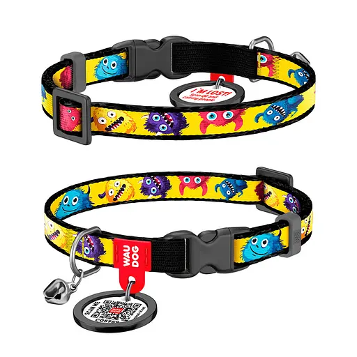 Ошейник для кошек нейлоновый Waudog Nylon с QR-паспортом "Мохнатые монстры" пластиковый фастекс XS Ш 10 мм Д 20-30