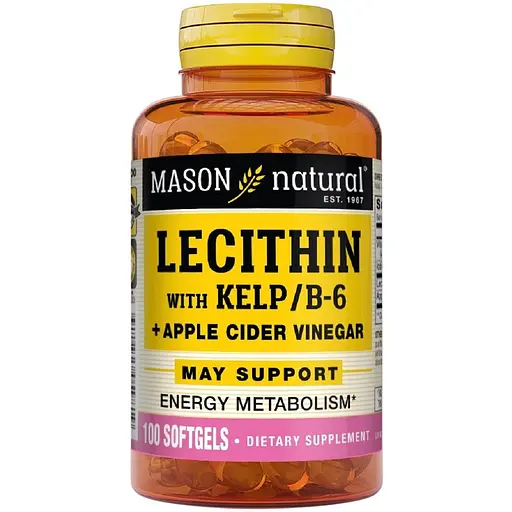 Лецитин с водорослями, витамином B6 и яблочным уксусом Mason Natural Lecithin With Kelp/Vitamin B 6 Plus Cider Vinegar 100 гелевых капсул