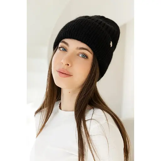 Женская зимняя шапка Бини Ангора с ангорой 80% орнаментом и флисовой подкладкой Черный - фото 1