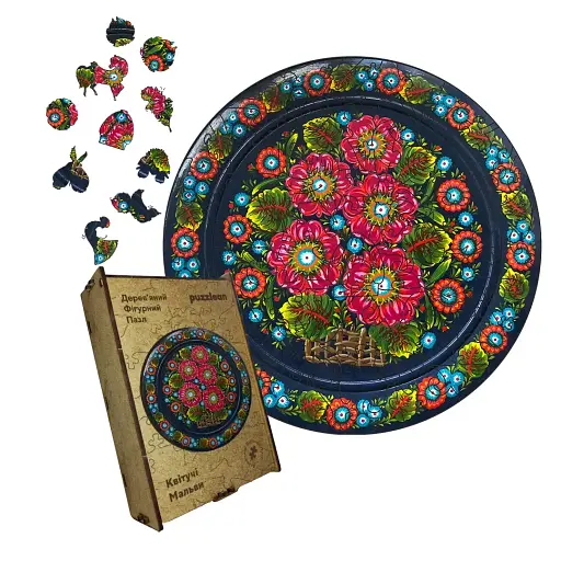 Деревянный пазл Петриковская Роспись Цветущие Мальвы Екатерины Каракуци, А4, Картонная коробка 100 элементов