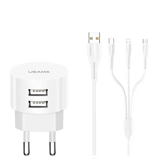 Зарядное устройство с кабелем 3-в-1 Usams T20 Kit Sing-Tu Dual USB 2 порта - фото 1
