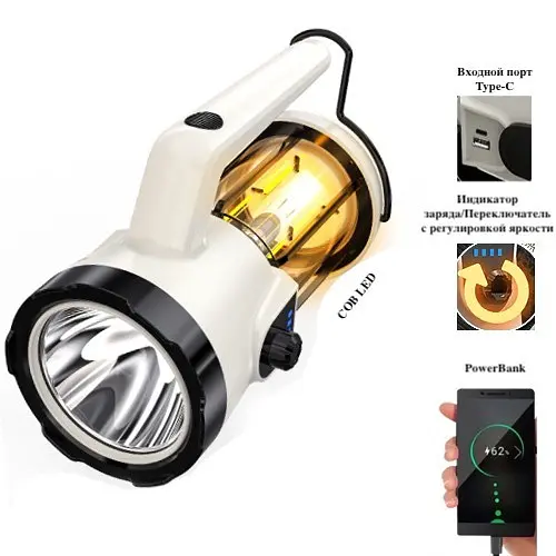 Кемпинговый фонарь CH-22020 (LM + COB) + Power bank + Type-C + 2 режима (плавное регулирование) - фото 8