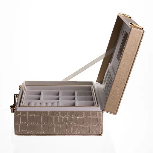 Скринька для прикрас з екошкіри 19 відділень із дзеркалом 23.5×14×8 см органайзер для прикрас Золотистий Yiwu HP-5-20GOLD - фото 7