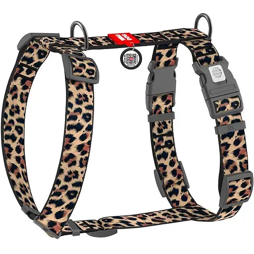 Шлея для собак анатомічна H-подібна WAUDOG Nylon з QR-паспортом, малюнок Леопард пластиковий фастекс, XL, Ш 35 мм, A 60-100 см,
