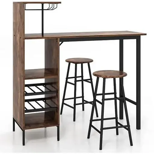Барный стол со стульями Costway Bistro с держателем винных бокалов темно-коричневый
