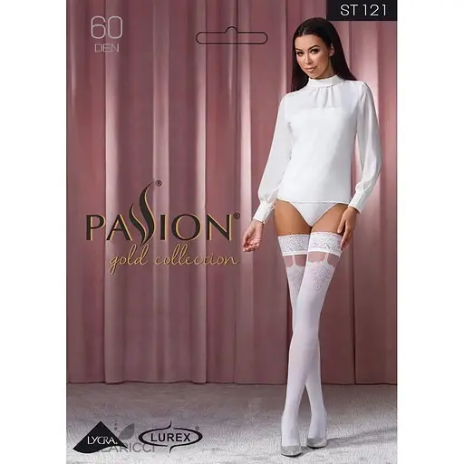 Чулки Passion ST121 белые на ажурной силиконовой резинке с цветочным орнаментом и вертикальным 1/2 - фото 5