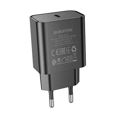 Адаптер мережевий BOROFONE Power single port charger BA71A 1Type-C 20W чорний - фото 6