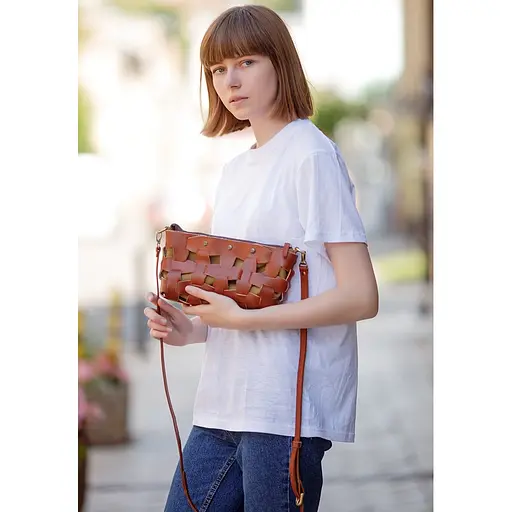 Шкіряна плетена жіноча сумка Пазл S світло-коричнева краст - фото 7