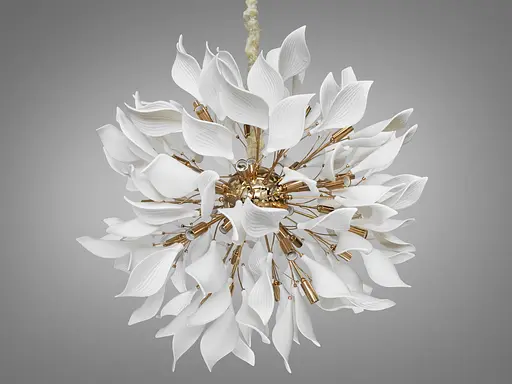 Большая подвесная люстра с фарфоровыми элементами, 40 ламп, золото. - фото 2