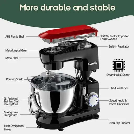 Кухонный комбайн Camic миксер тестомес металлический 9 л SM-1571N 1800Вт Black Red - фото 4
