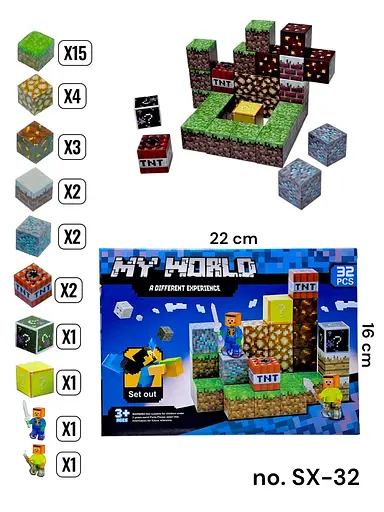 Конструктор магнітний Minecraft, SX32, блоки та фігурки, 32 деталі