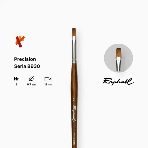 Кисть синтетика плоская Raphael Precision, №2, для акрила и масла, длинная ручка - фото 2
