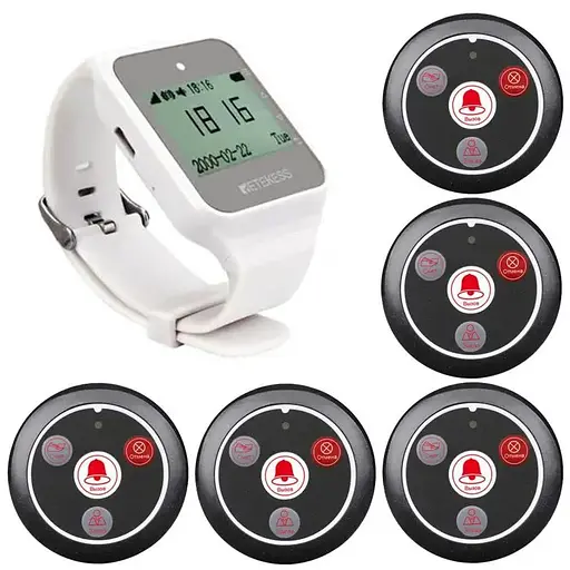 Система виклику офіціанта бездротова з білим годинником - пейджером Retekess TD109 + 5 чорних кнопок (з кнопкою ЗАКАЗ) (100766)