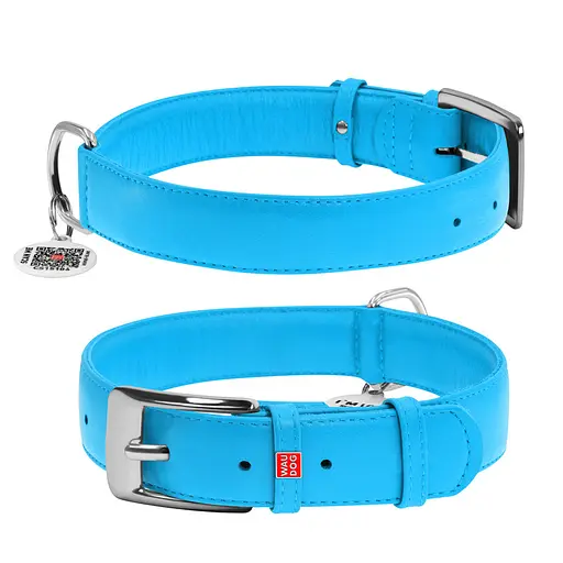 Ошейник для собак кожаный Waudog Glamour с QR-паспортом без украшений XL Ш 35 мм Д 46-60 см голубой
