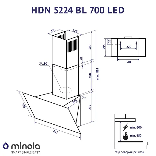 Вытяжка декоративная наклонная Minola HDN 5224 BL 700 LED - фото 11