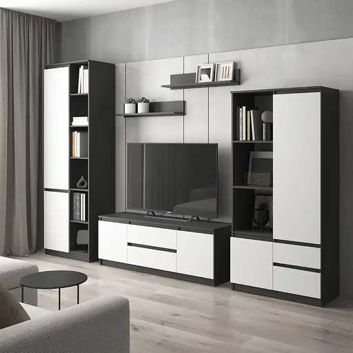Комплект мебели в гостиную VAYS шкаф R-26, шкаф R-27, тумба R-28, полки М-22, антрацит-белый фасад