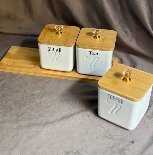 Набір банок 3 шт з кришками та  бамбуковим підносом для зберігання сипучих 300 мл Білий - фото 5