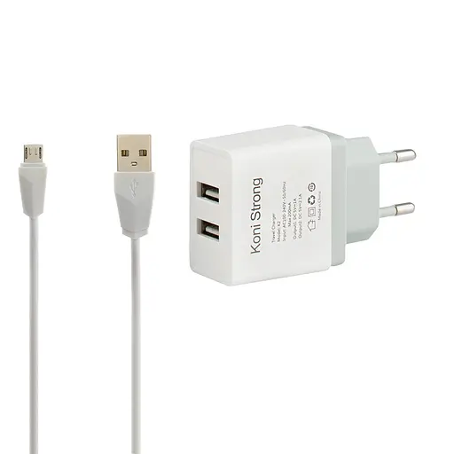 Блок Адаптер живлення Koni STRONG K2 + micro cable 2 USB 2.1A набір білий - фото 1