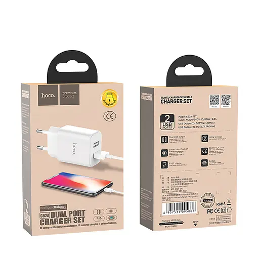 Блок питания - сетевой адаптер Hoco Victoria C62A 2USB 2.1 А + кабель Lightning белый - фото 2