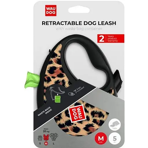 Повідець-рулетка для собак WAUDOG R-leash з контейнером для пакетів, малюнок "Леопард" світловідбивна стрічка M до 20 кг 5 м - фото 3
