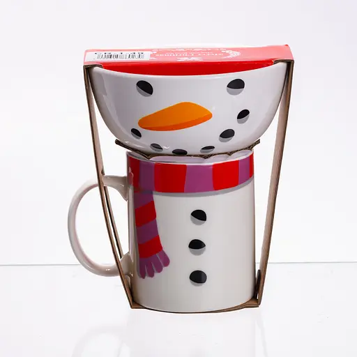 Новогодняя чашка с пиалой Yiwu Snowman набор праздничный CR-1-49 - фото 2