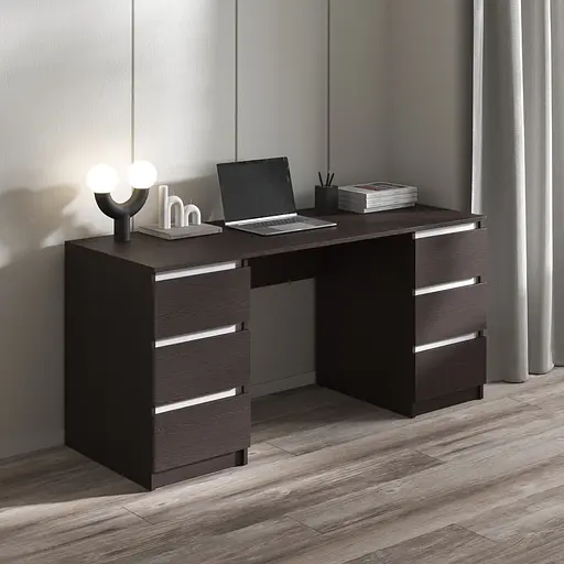 Компьютерный стол Vays R-2 Венге Темный-Белые планки, письменный с 2 тумбами, 6 ящиков без ручек, ЛДСП 160×60×75 см - для дома, офиса, учебы