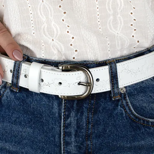 Ремінь шкіряний жіночий батал SF-3531 (145 см) білий з квітами - фото 7