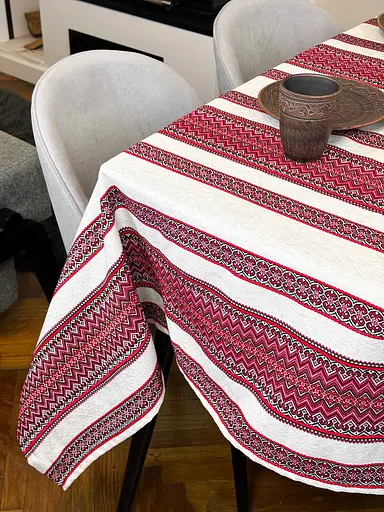 Лляна скатертина великодня з українським орнаментом Рандеву червоний 290х150 см - фото 7