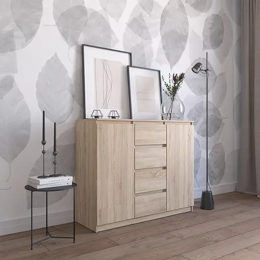 Комод Vays R-11 Дуб Сонома, 4 шухляди та 2 відділення з полицями, без ручок, ЛДСП, 120×40×98 см - для спальні, вітальні, передпокою