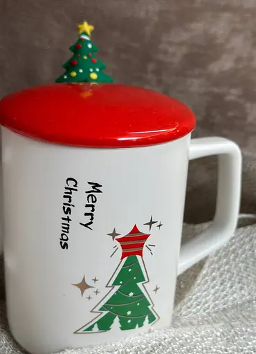 Кружка R33367-3 Новорічний калейдоскоп кераміка з кришкою і ложкою 360 мл Біла - фото 3