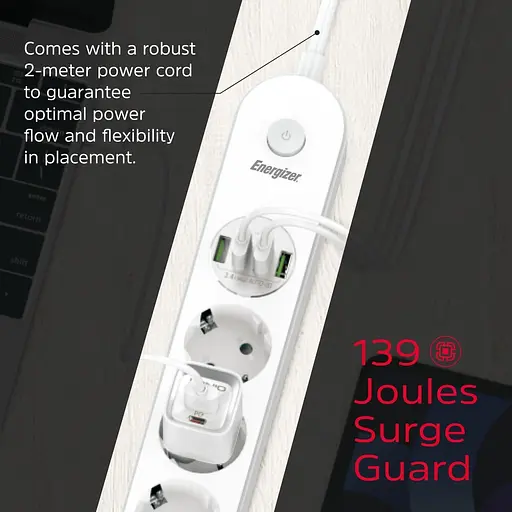 Мережевий фільтр Power filtr 2.0м 4 розетки, 4xUSB 3.4A, з заземленням білий (EPB2500W00EU) - фото 9