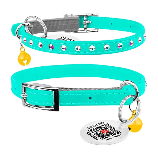 Ошейник Waudog Glamour с резинкой клеевыми стразами для кошек (ширина 9мм длина 22-30см) ментоловый