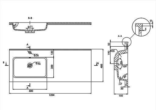 Раковина матова врізна Amidicon Rodeo 120L 1200x480 з литого каменю RODEO_120L_MAT, Білий матовий - фото 6