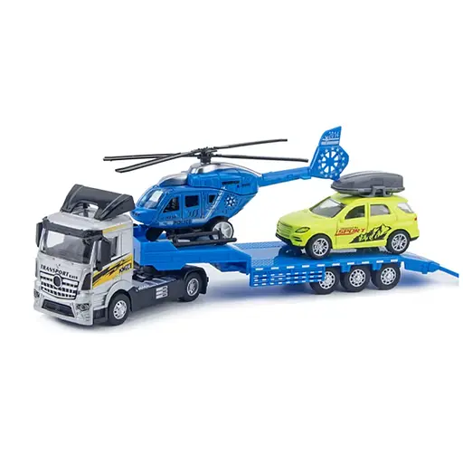 Трейлер металлический инерционный, M7138-29, 26 см, с машинкой 8,5 см, вертолетом 14 см (В ассортименте)