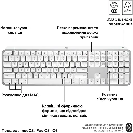 Клавіатура Logitech MX Keys S for Mac Pale Grey 920-011638 (138845) - фото 7