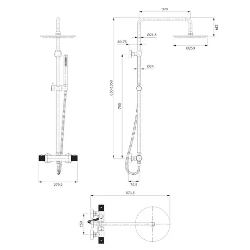 Душова система з термостатом Omnires Contour antracite CT8044AT, Чорний матовий - фото 2