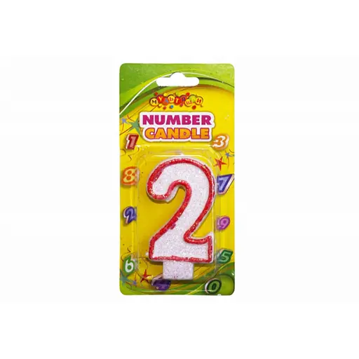 Свічка-цифра з кольоровим контуром і глітером всередині, цифра 2, 4 шт. в упаковці