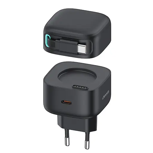 Мережевий зарядний пристрій Usams US-CC202 PD35W Dual 2C Output GaN Fast Charger With Type-C Magnetic Retractable Cable Module (EU) Чорний - фото 1