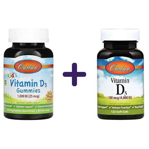 Набір: вітамін D3 дитячий  Carlson Kid's Vitamin D3 Gummies 1000 МО смак фруктів 60 вегетаріанських жувальних цукерок + вітамін D3 Carlson Vitamin D3 4000 МО 120 желатинових капсул