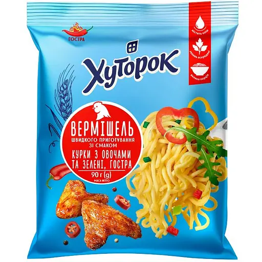 Вермишель быстрого приготовления Хуторок со вкусом курицы с овощами острая 90 г