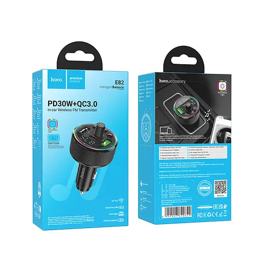 FM-трансмітер Hoco E82 Guerrero PD30W+QC3.0 car BT FM transmitter Чорний - фото 2