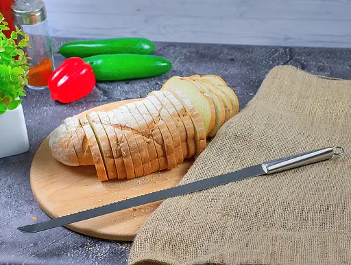 Нож зубчатый кухонный для нарезки хлеба с длинной пилой из нержавеющей стали 48 см, Kitchen Master Серебристый 85528 - фото 4