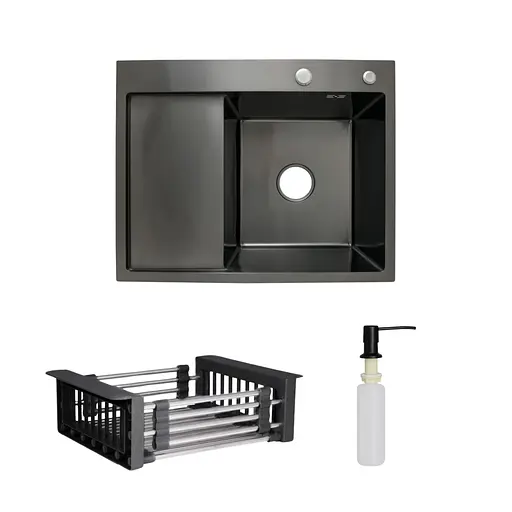 Кухонна мийка Lidz Handmade H6350BL інтегрована крило зліва BlackPVD у комплекті з дозатором та корзиною, Чорний - фото 1