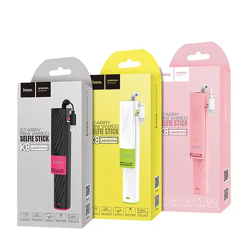 Селфи-монопод Hoco Starry mini K8 с кабелем Lightning белый - фото 3