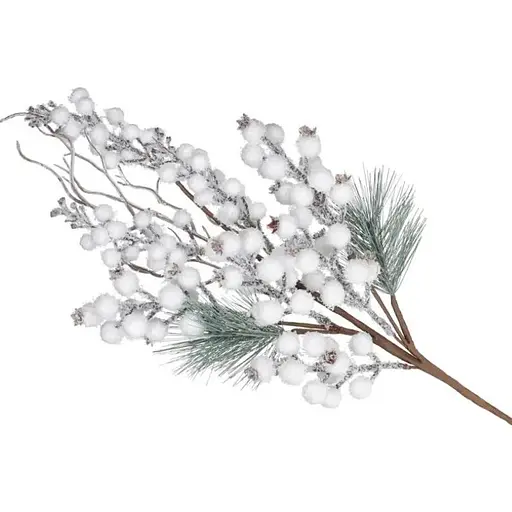 Декоративная искусственная ветка с хвоей и белыми заснеженными ягодами для новогоднего и зимнего декора 62 см - фото 1