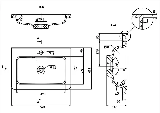 Раковина матова врізна Amidicon Passage 60 593x415 з литого каменю PASSAGE_60_MAT, Білий матовий - фото 6