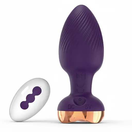 Анальная вибро-пробка Rose Butt на пульте с золотой розой 10 режимов 5 мм 90 мм фиолетовый - фото 1